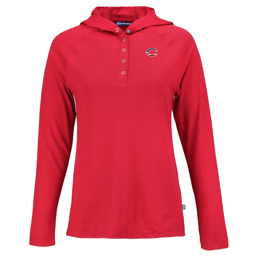 Cincinnati Reds Cutter & Buck Women's Stars And Stripes Coastline Epic Comfort Eco Recycled Hoodie Raglan Long Sleeve T-Shirt - Red - MLB Discount