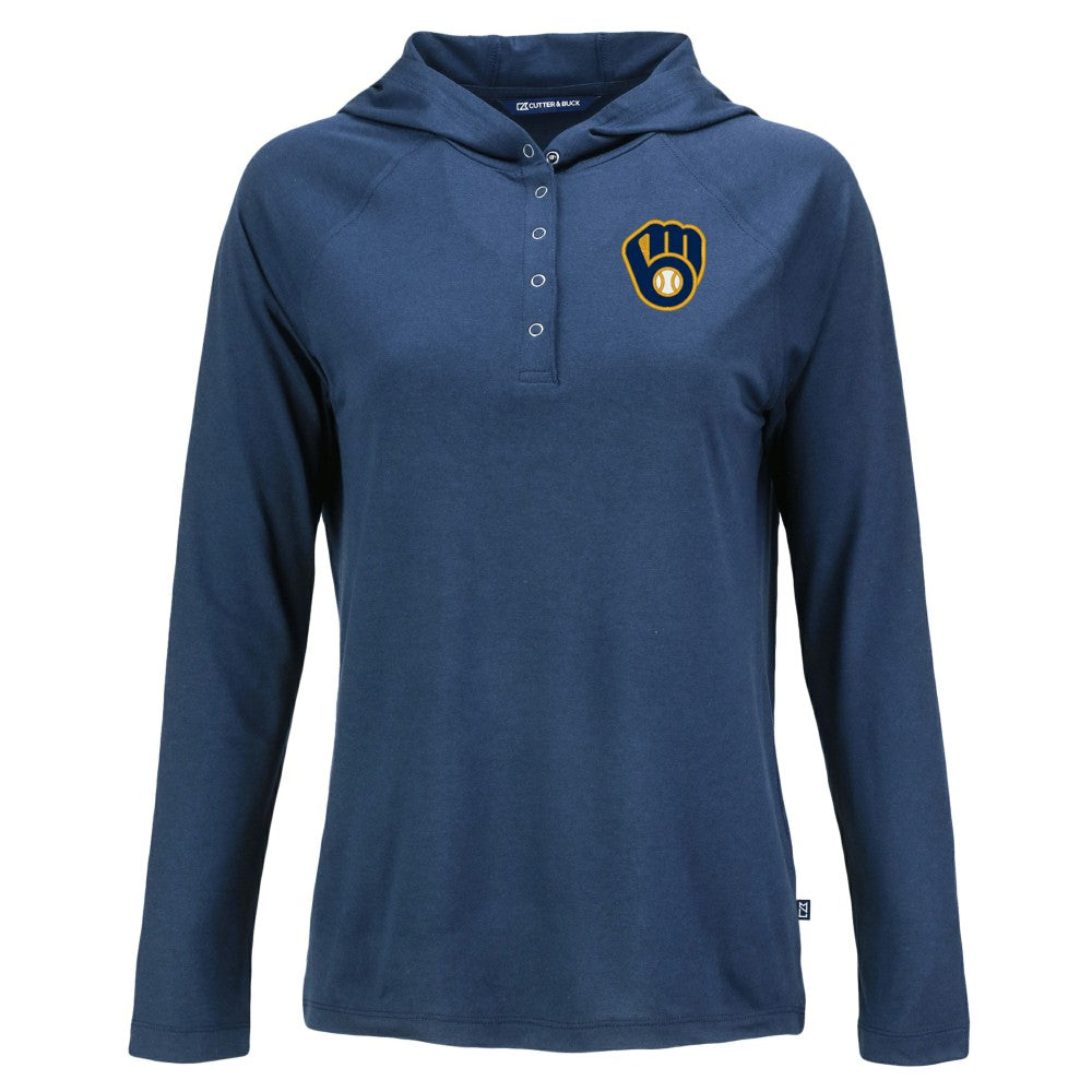 Milwaukee Brewers Cutter & Buck Women's  Coastline Epic Comfort Eco Recycled Hoodie Raglan Long Sleeve T-Shirt - Navy - MLB Sale