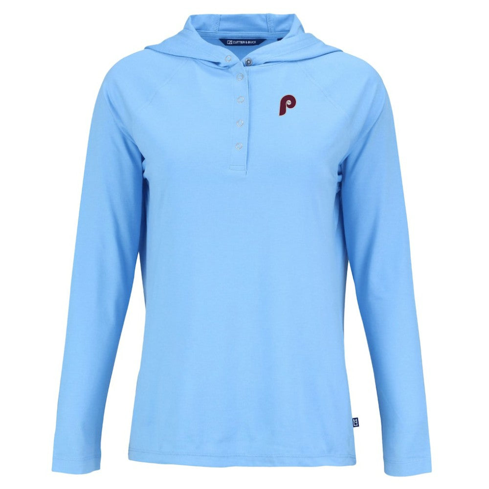 Philadelphia Phillies Cutter & Buck Women's Cooperstown Collection Coastline Epic Comfort Eco Recycled Hoodie Raglan Long Sleeve T-Shirt - Powder Blue - MLB Discount