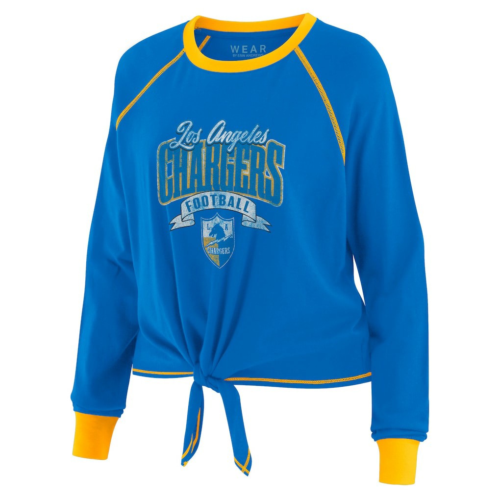 Los Angeles Chargers WEAR by Erin Andrews Women's Tie-Front Long Sleeve Top Powder Blue/Yellow