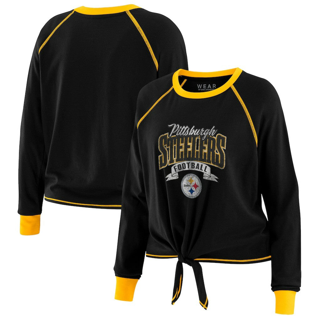 Pittsburgh Steelers WEAR by Erin Andrews Women's Tie-Front Long Sleeve Top Black/Gold