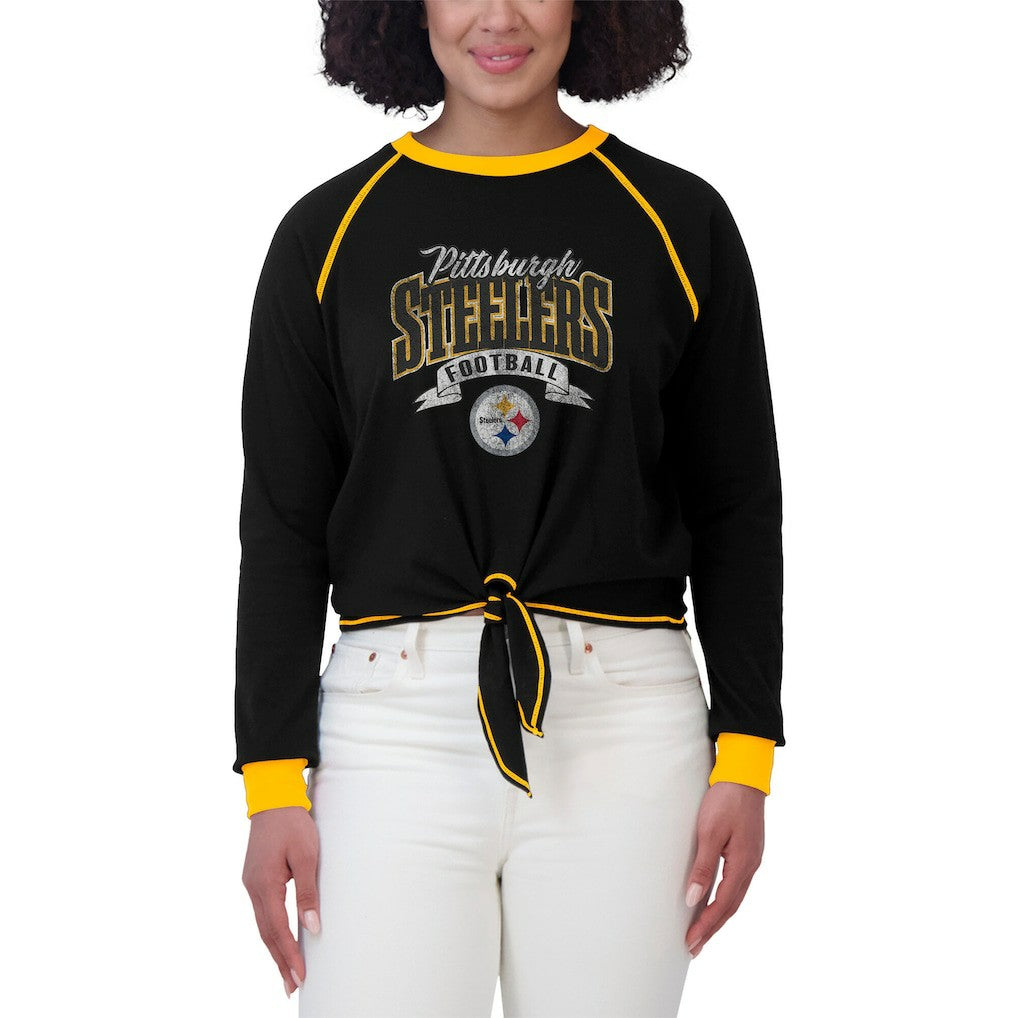 Pittsburgh Steelers WEAR by Erin Andrews Women's Tie-Front Long Sleeve Top Black/Gold