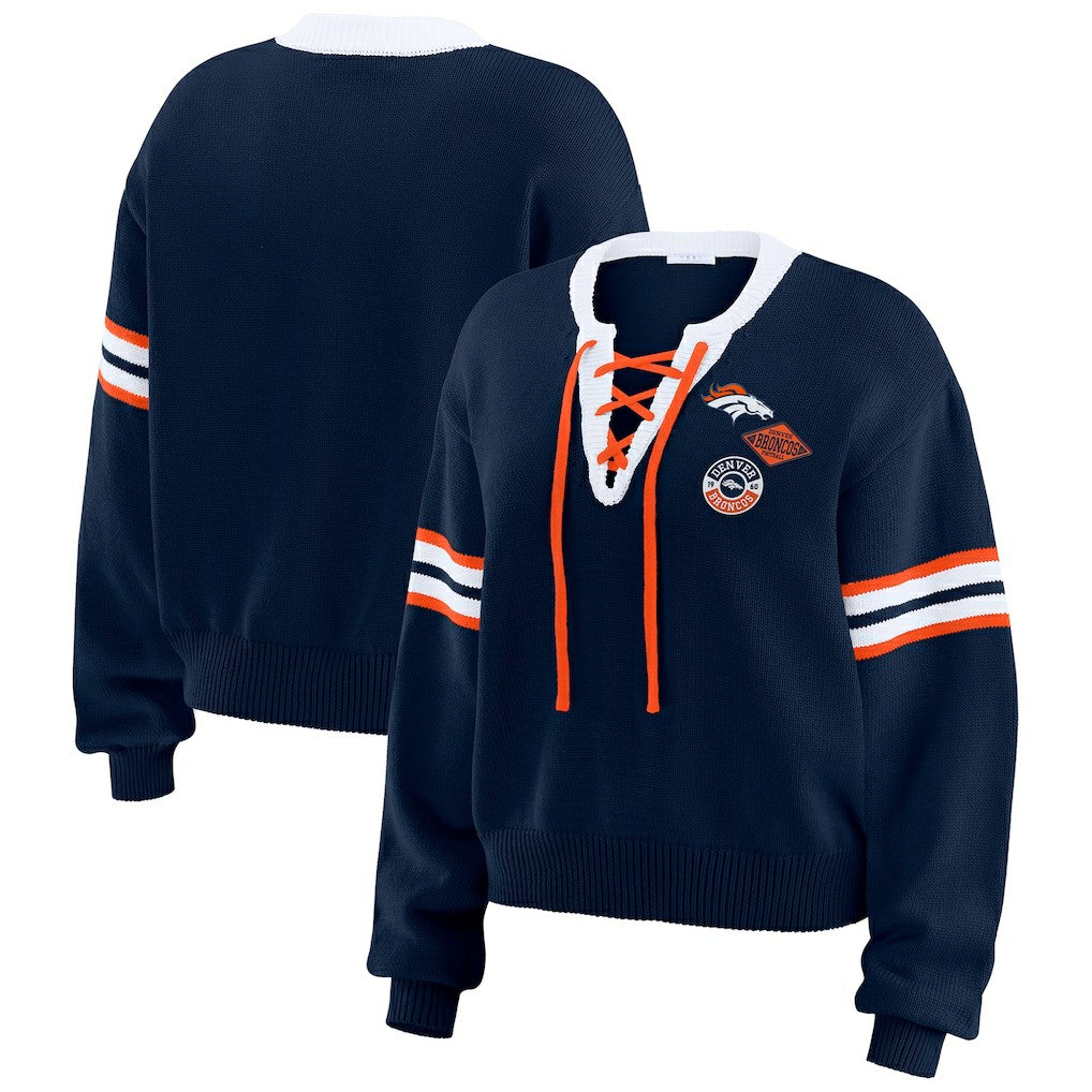 Denver Broncos WEAR by Erin Andrews Women's Lace-Up Pullover Sweatshirt Navy