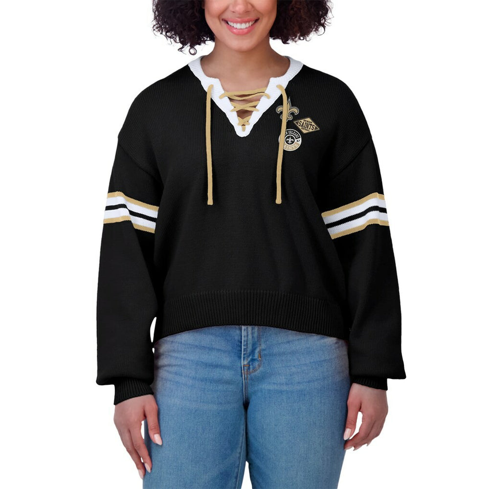 New Orleans Saints WEAR by Erin Andrews Women's Lace-Up Pullover Sweatshirt Black