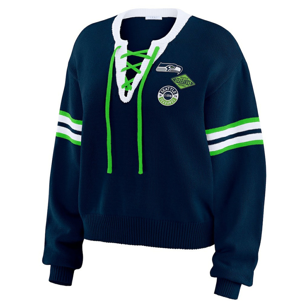 Seattle Seahawks WEAR by Erin Andrews Women's Lace-Up Pullover Sweatshirt Navy