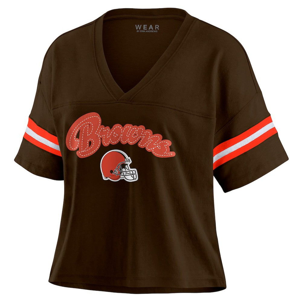 Cleveland Browns WEAR by Erin Andrews Women's Color Block Boxy Modest Crop V-Neck T-Shirt Brown