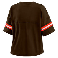 Cleveland Browns WEAR by Erin Andrews Women's Color Block Boxy Modest Crop V-Neck T-Shirt Brown
