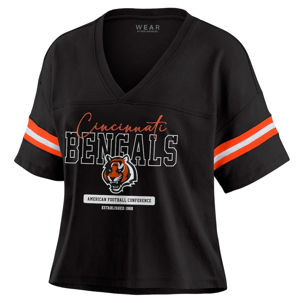 Cincinnati Bengals WEAR by Erin Andrews Women's Color Block Boxy Modest Crop V-Neck T-Shirt Black