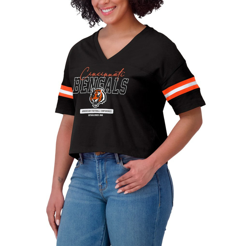 Cincinnati Bengals WEAR by Erin Andrews Women's Color Block Boxy Modest Crop V-Neck T-Shirt Black