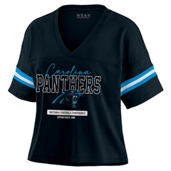Carolina Panthers WEAR by Erin Andrews Women's Color Block Boxy Modest Crop V-Neck T-Shirt Black