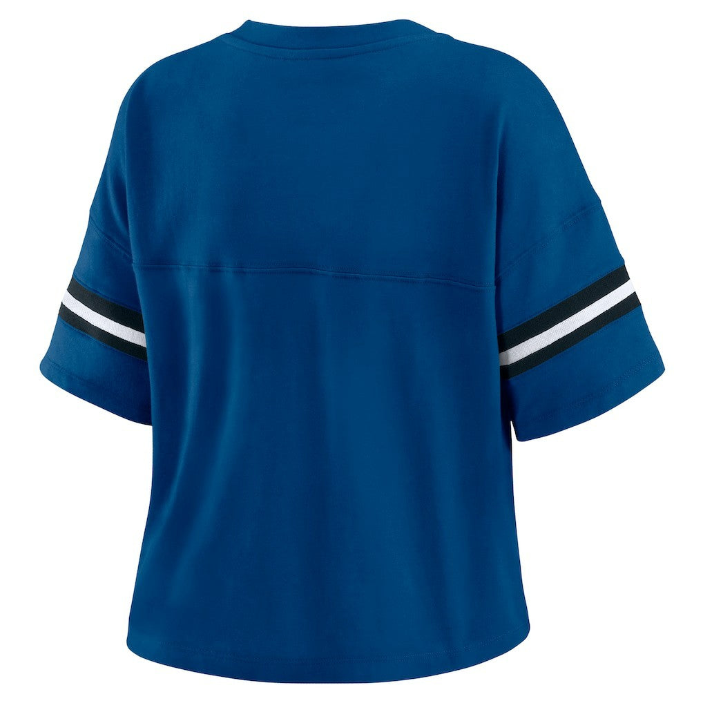 Indianapolis Colts WEAR by Erin Andrews Women's Color Block Boxy Modest Crop V-Neck T-Shirt Royal