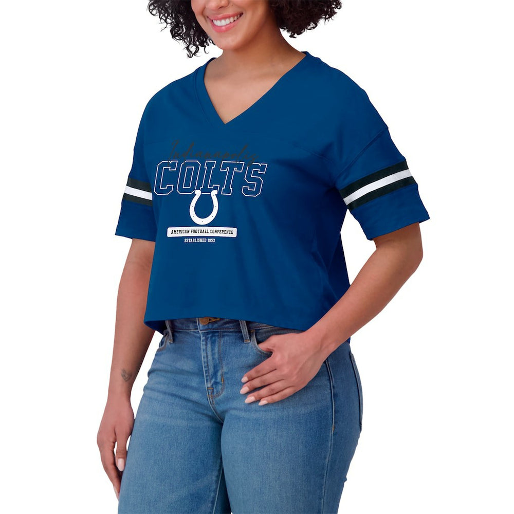 Indianapolis Colts WEAR by Erin Andrews Women's Color Block Boxy Modest Crop V-Neck T-Shirt Royal