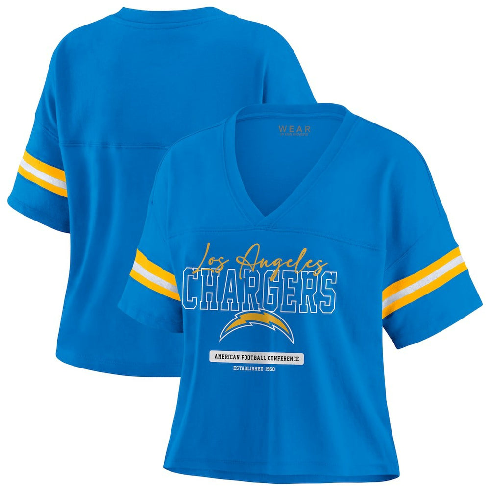 Los Angeles Chargers WEAR by Erin Andrews Women's Color Block Boxy Modest Crop V-Neck T-Shirt Powder Blue