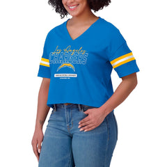 Los Angeles Chargers WEAR by Erin Andrews Women's Color Block Boxy Modest Crop V-Neck T-Shirt Powder Blue