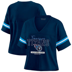Tennessee Titans WEAR by Erin Andrews Women's Color Block Boxy Modest Crop V-Neck T-Shirt Navy