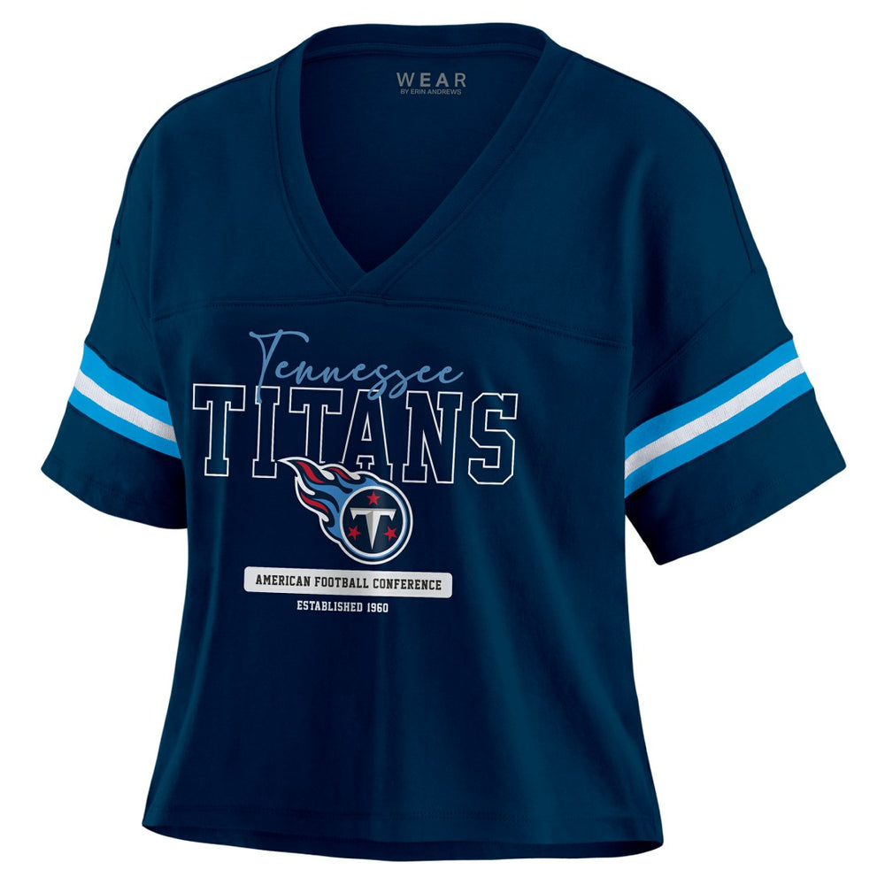 Tennessee Titans WEAR by Erin Andrews Women's Color Block Boxy Modest Crop V-Neck T-Shirt Navy