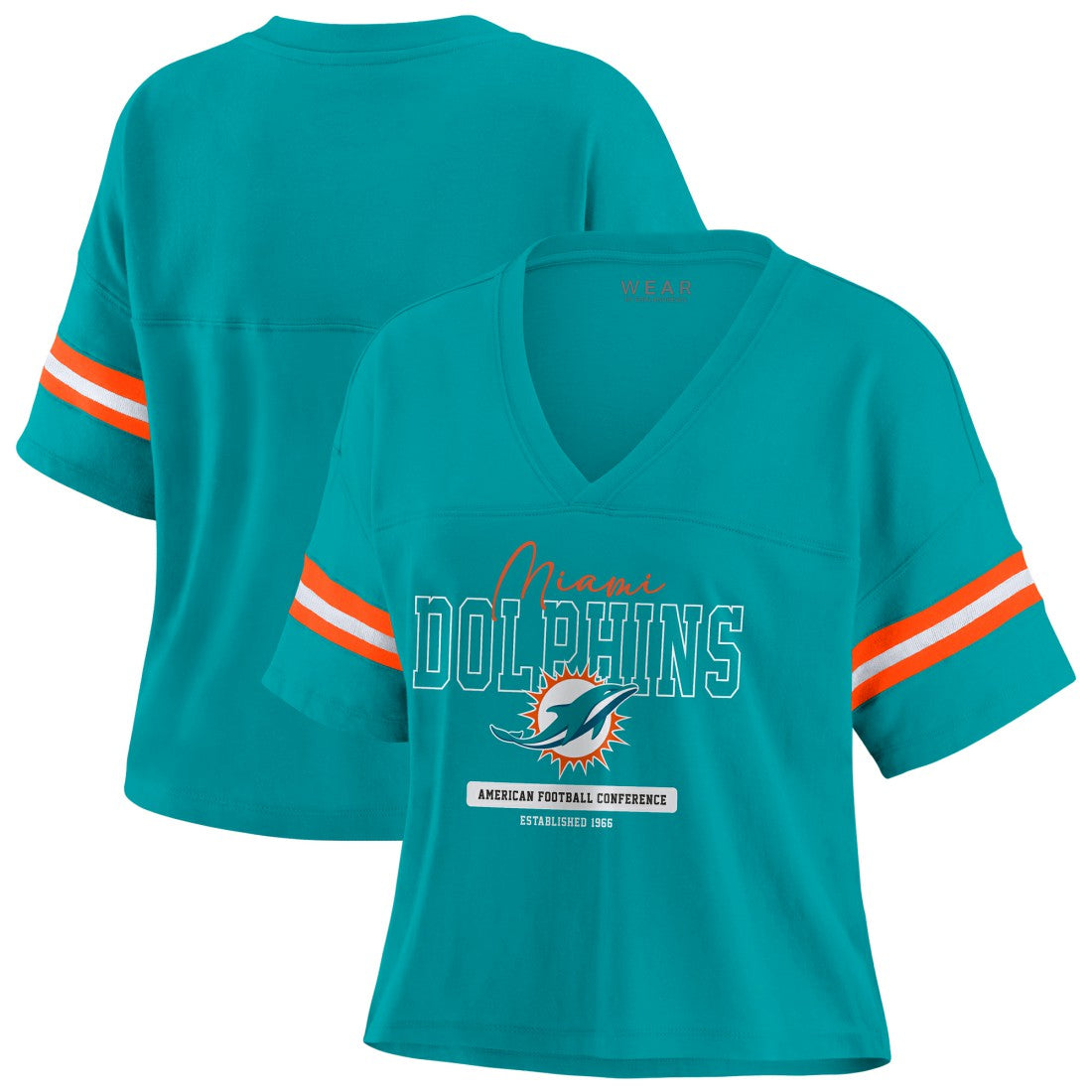 Miami Dolphins WEAR by Erin Andrews Women's Color Block Boxy Modest Crop V-Neck T-Shirt Aqua