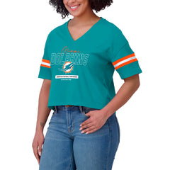 Miami Dolphins WEAR by Erin Andrews Women's Color Block Boxy Modest Crop V-Neck T-Shirt Aqua