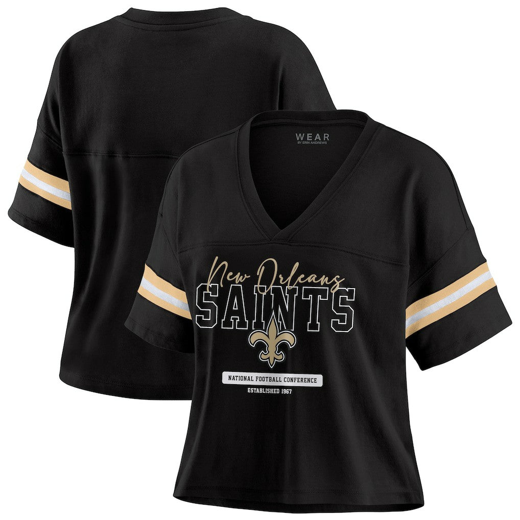 New Orleans Saints WEAR by Erin Andrews Women's Color Block Boxy Modest Crop V-Neck T-Shirt Black