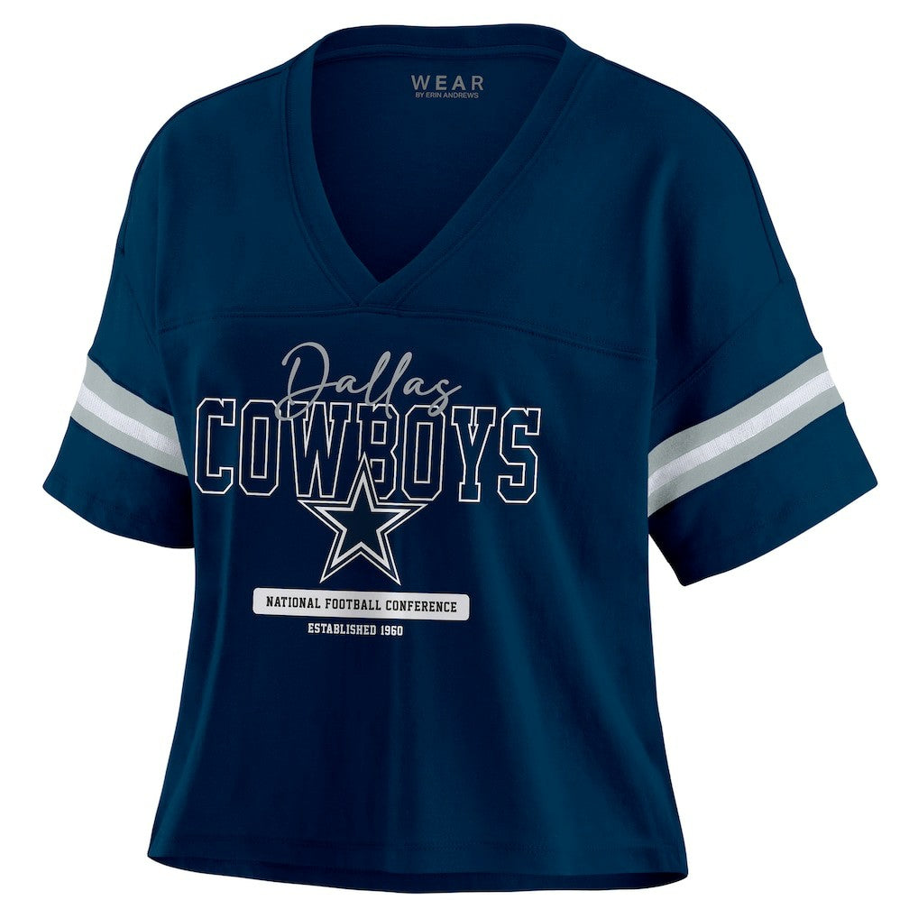 Dallas Cowboys WEAR by Erin Andrews Women's Color Block Boxy Modest Crop V-Neck T-Shirt Navy