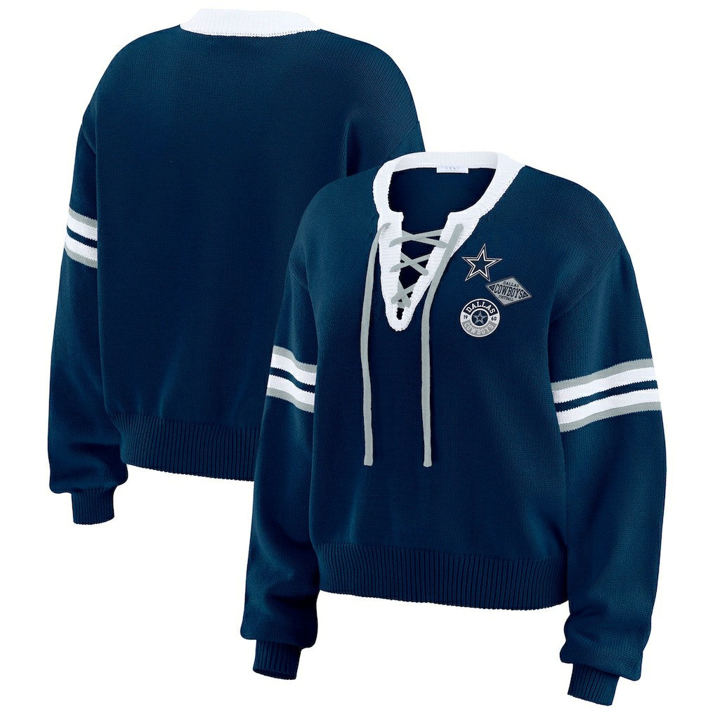 Dallas Cowboys WEAR by Erin Andrews Women's Lace-Up Pullover Sweatshirt Navy