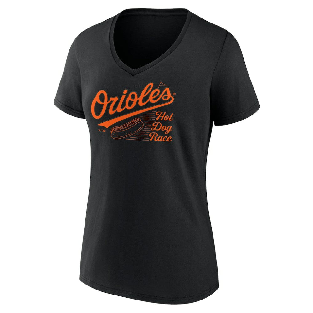 Baltimore Orioles Fanatics Women's Hot Dog Race V-Neck T-Shirt - Black - Fanatics Lifestyle