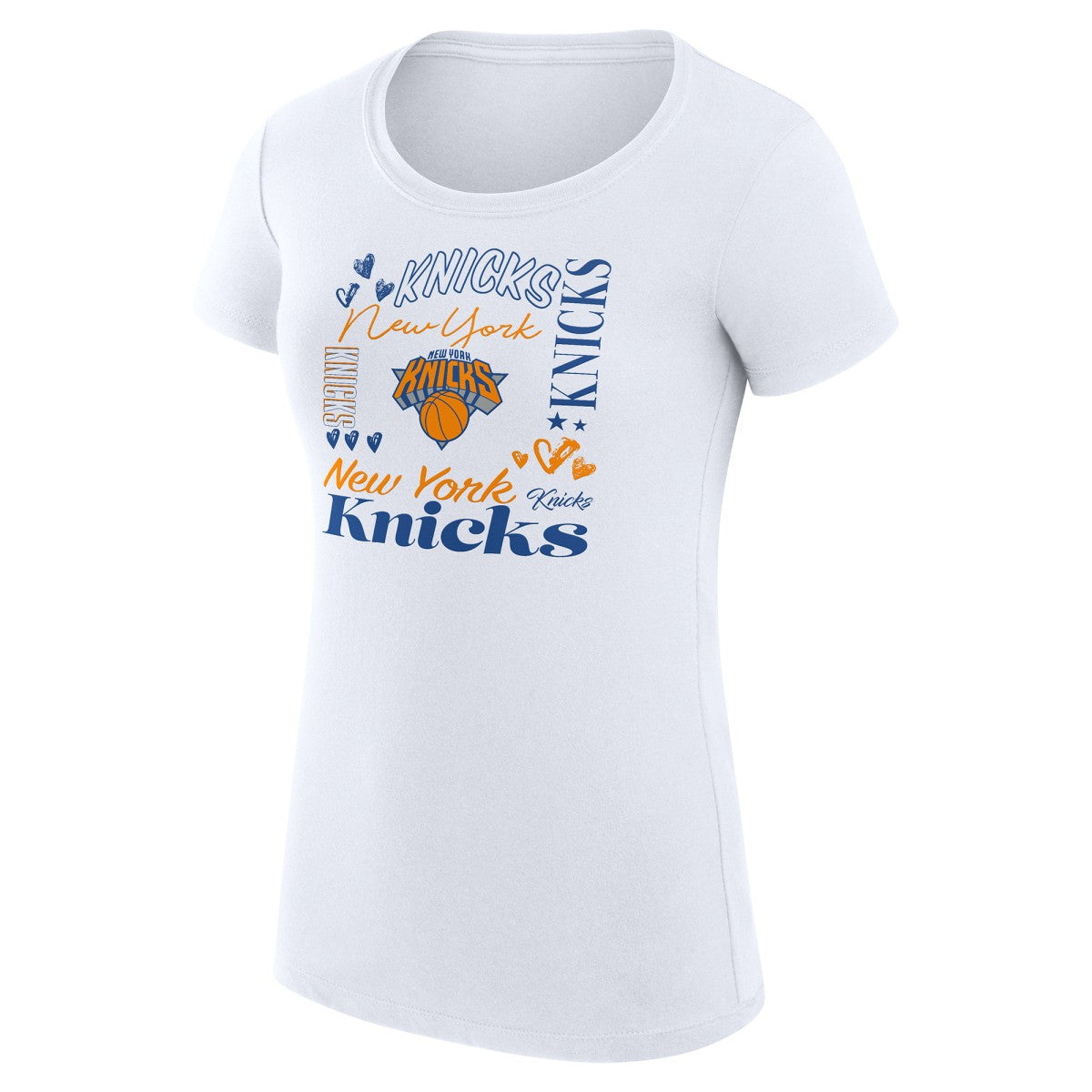 New York Knicks G-III 4Her by Carl Banks Women's Super-Slim Fit Lightweight Team Name Collage Graphic T-Shirt White