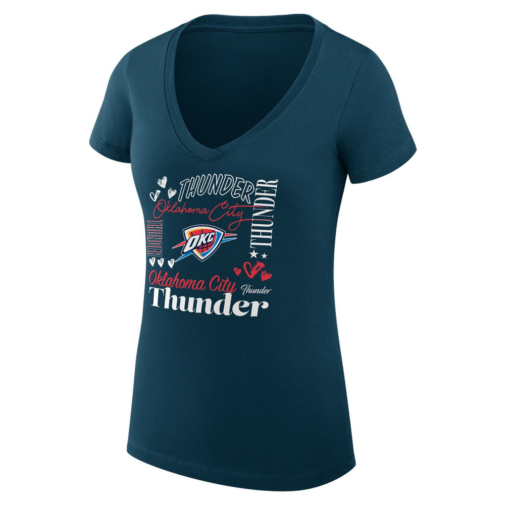 Oklahoma City Thunder G-III 4Her by Carl Banks Women's Super-Slim Fit Lightweight Team Name Collage Graphic V-Neck T-Shirt Navy