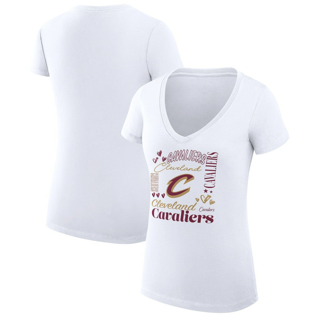 Cleveland Cavaliers G-III 4Her by Carl Banks Women's Super-Slim Fit Lightweight Team Name Collage Graphic V-Neck T-Shirt White