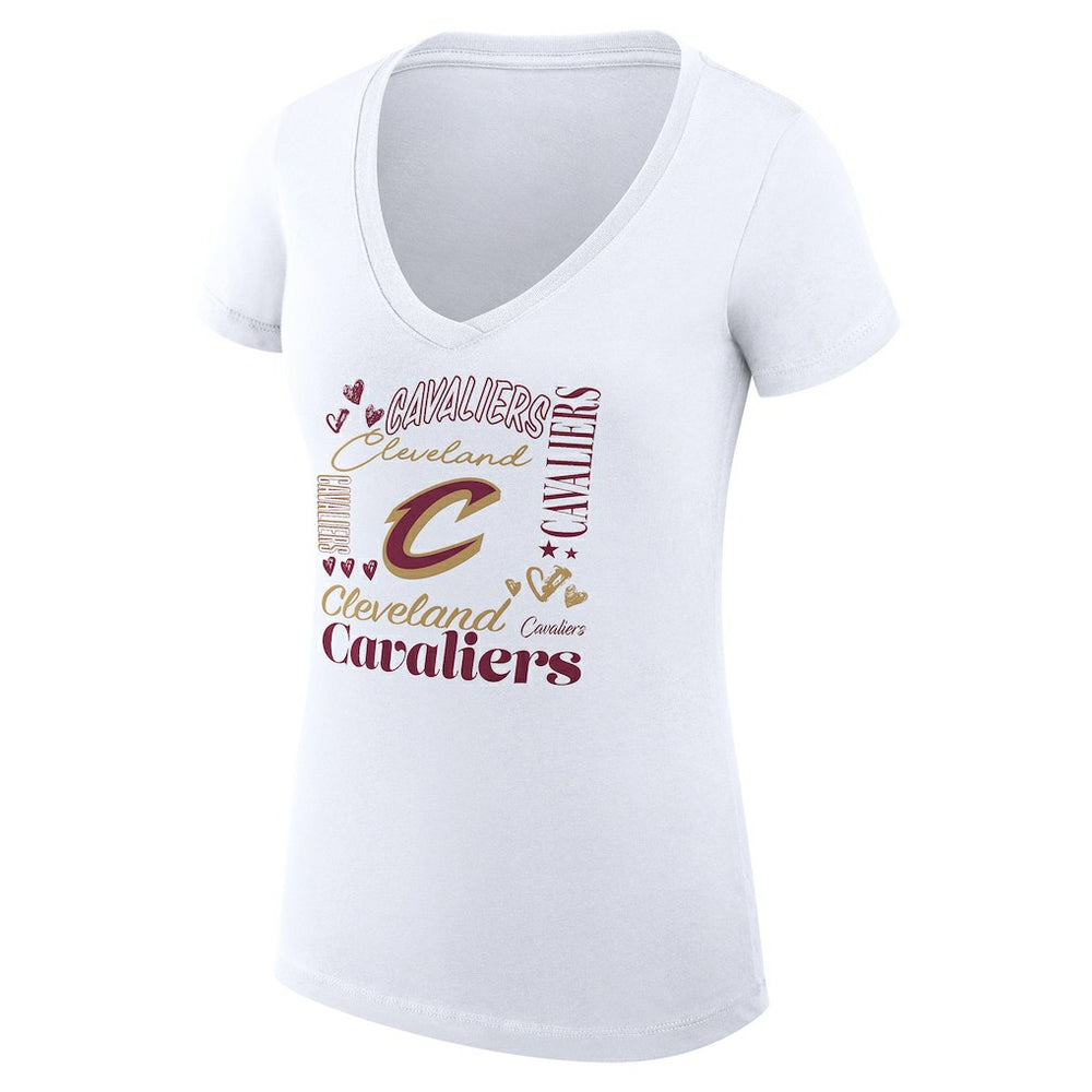 Cleveland Cavaliers G-III 4Her by Carl Banks Women's Super-Slim Fit Lightweight Team Name Collage Graphic V-Neck T-Shirt White