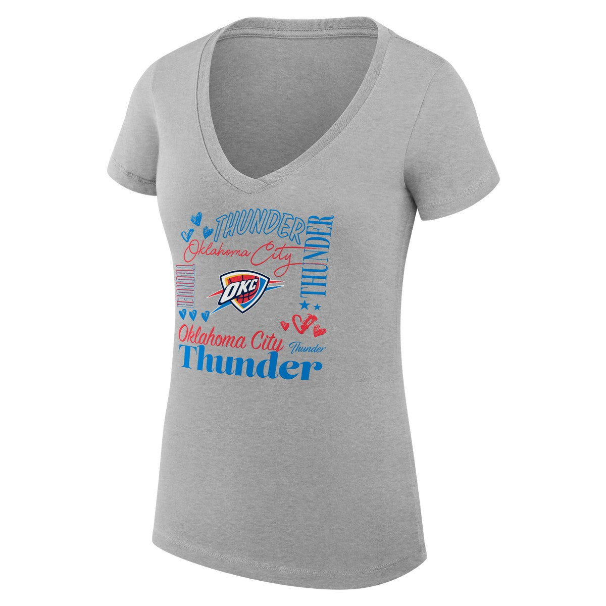 Oklahoma City Thunder G-III 4Her by Carl Banks Women's Super-Slim Fit Lightweight Team Name Collage Graphic V-Neck T-Shirt Heather Gray