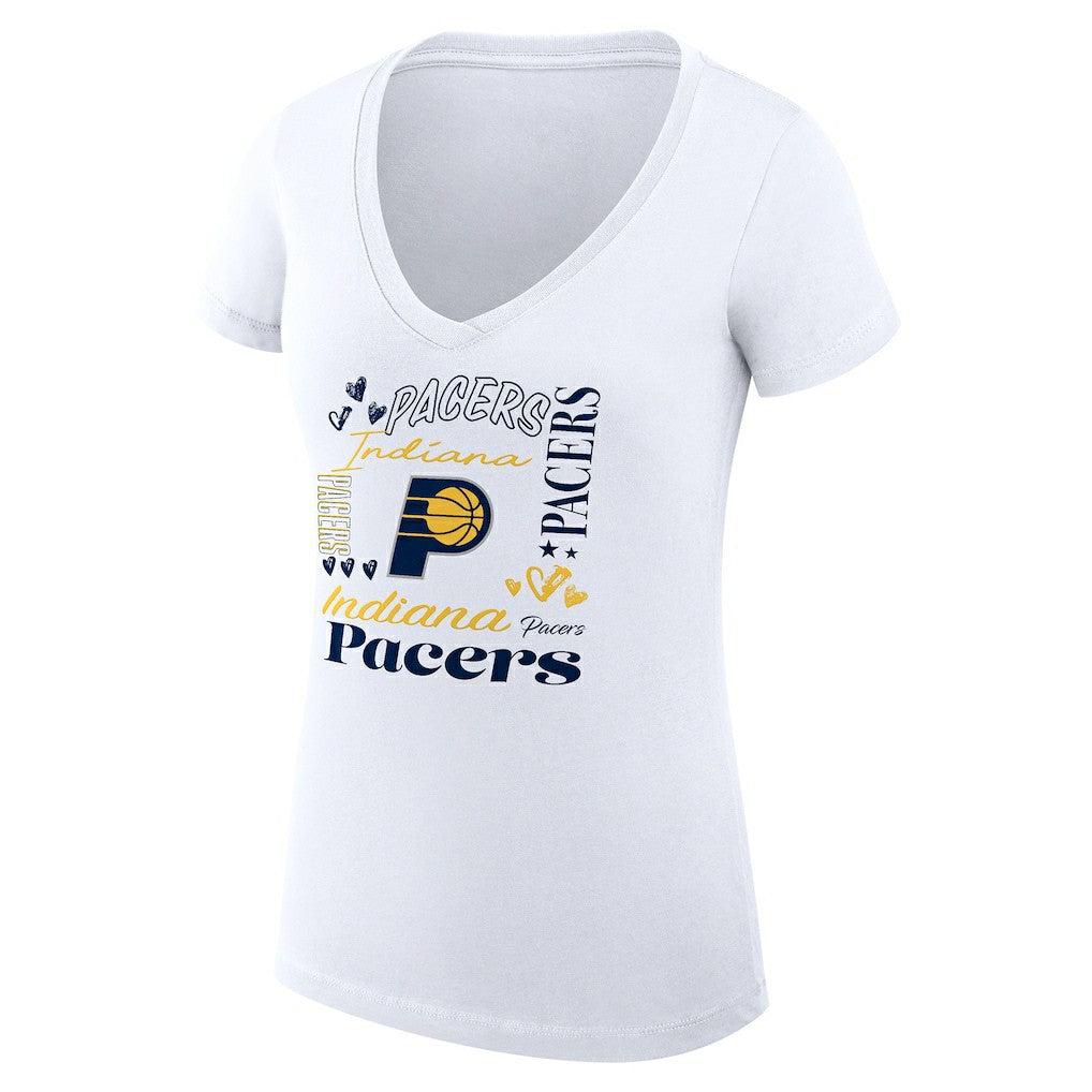 Indiana Pacers G-III 4Her by Carl Banks Women's Super-Slim Fit Lightweight Team Name Collage Graphic V-Neck T-Shirt White