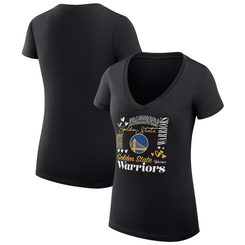 Golden State Warriors G-III 4Her by Carl Banks Women's Super-Slim Fit Lightweight Team Name Collage Graphic V-Neck T-Shirt Black