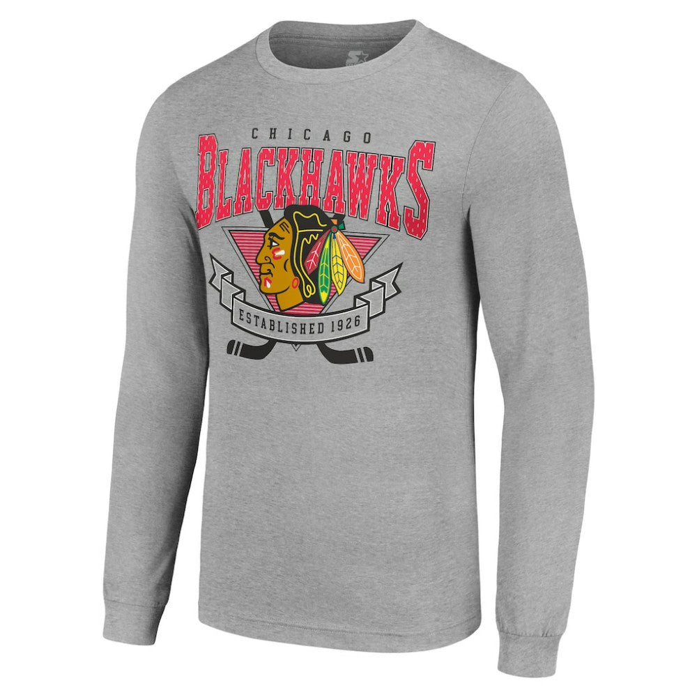 Chicago Blackhawks Starter '80s Inspired Team Logo Long Sleeve T-Shirt - Heather Gray - NHL 201591843