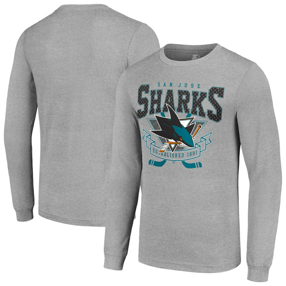 San Jose Sharks Starter '80s Inspired Team Logo Long Sleeve T-Shirt - Heather Gray - NHL 201591857