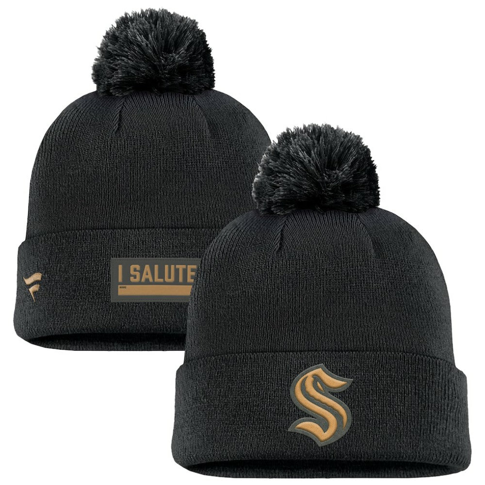 Seattle Kraken Fanatics Military Appreciation Cuffed Knit Hat with Pom - Black - NHL 201598357