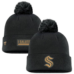 Seattle Kraken Fanatics Military Appreciation Cuffed Knit Hat with Pom - Black - NHL 201598357