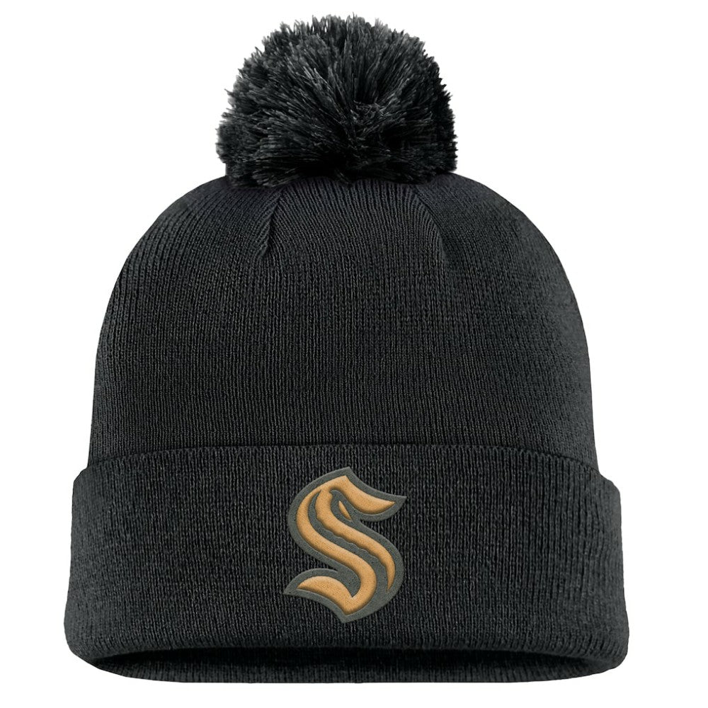 Seattle Kraken Fanatics Military Appreciation Cuffed Knit Hat with Pom - Black - NHL 201598357