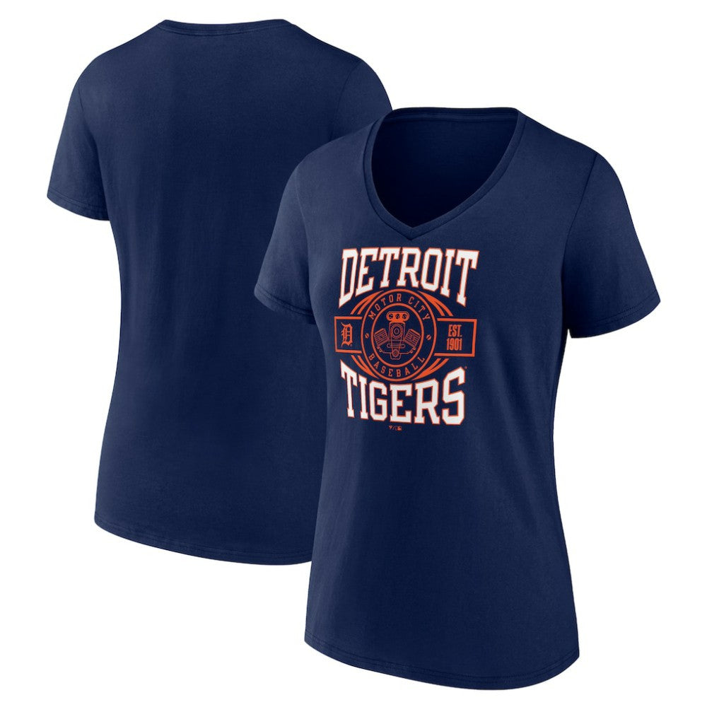 Detroit Tigers Women's Motor City Baseball V-Neck T-Shirt - Navy - MLB Lifestyle