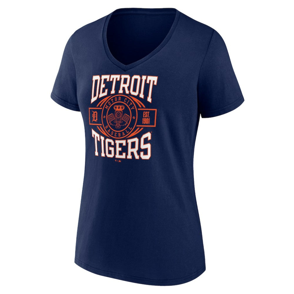 Detroit Tigers Women's Motor City Baseball V-Neck T-Shirt - Navy - MLB Lifestyle