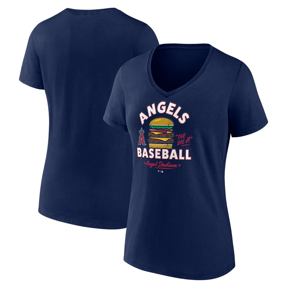 Los Angeles Angels Women's Big A Burger V-Neck T-Shirt - Navy - MLB Discount