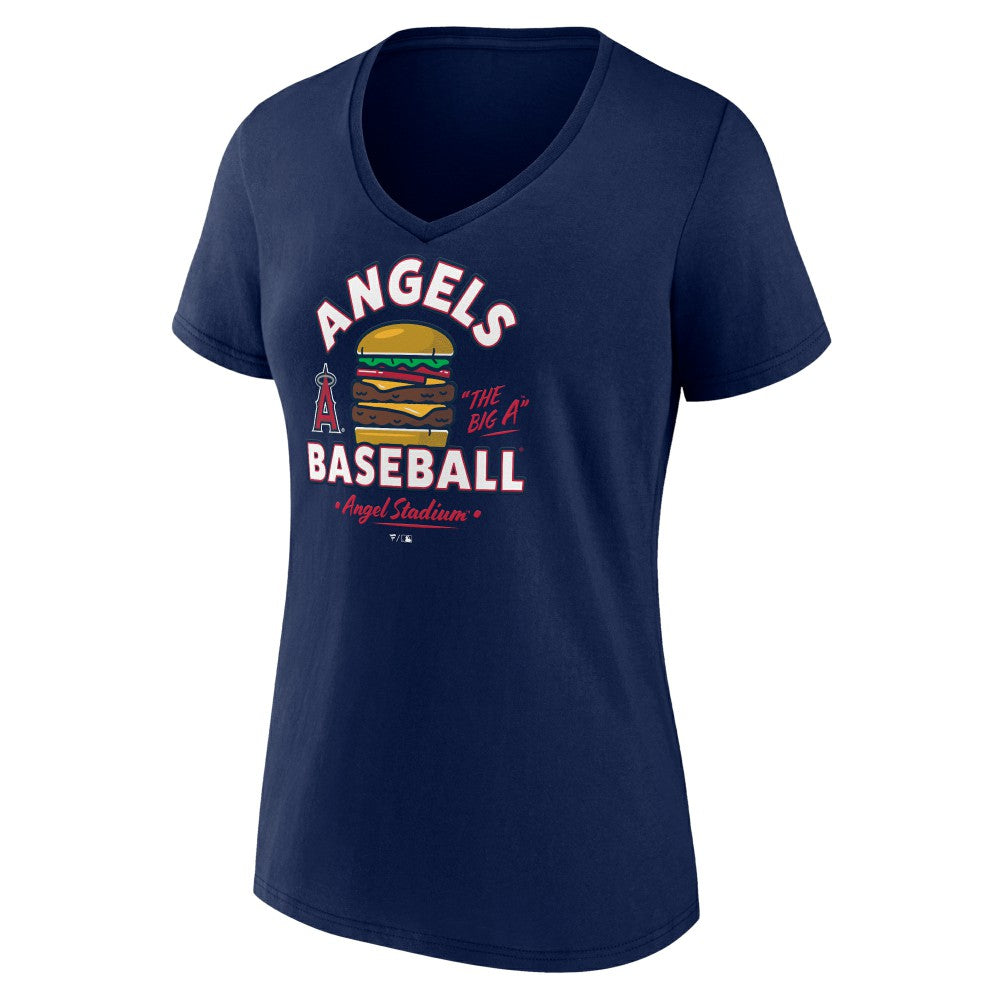 Los Angeles Angels Women's Big A Burger V-Neck T-Shirt - Navy - MLB Discount