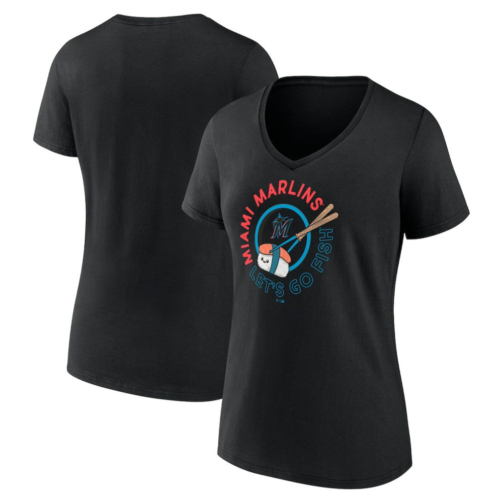 Miami Marlins Women's Let's Go Fish V-Neck T-Shirt - Black - MLB Lifestyle
