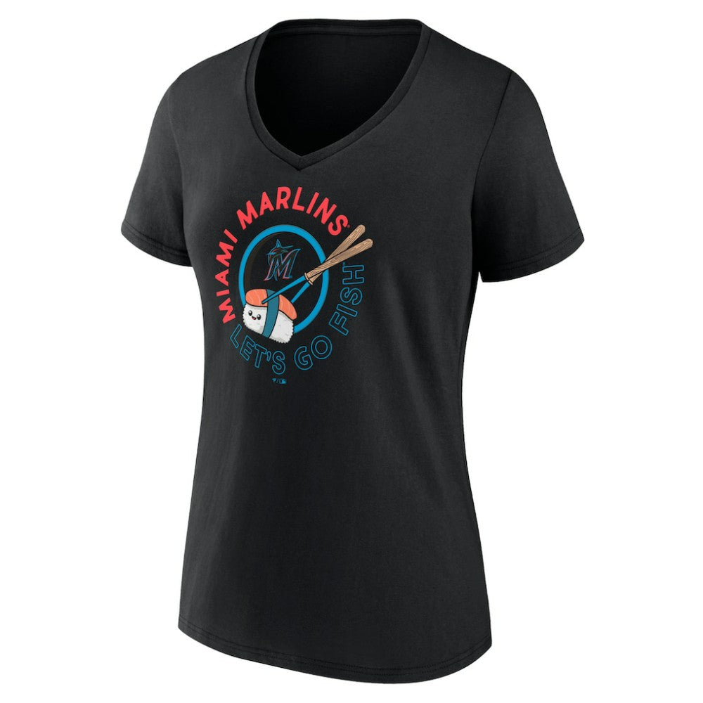 Miami Marlins Women's Let's Go Fish V-Neck T-Shirt - Black - MLB Lifestyle
