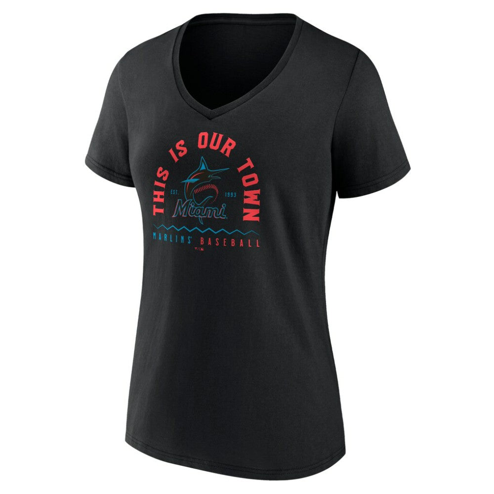 Miami Marlins Women's Our Town V-Neck T-Shirt - Black - MLB Discount