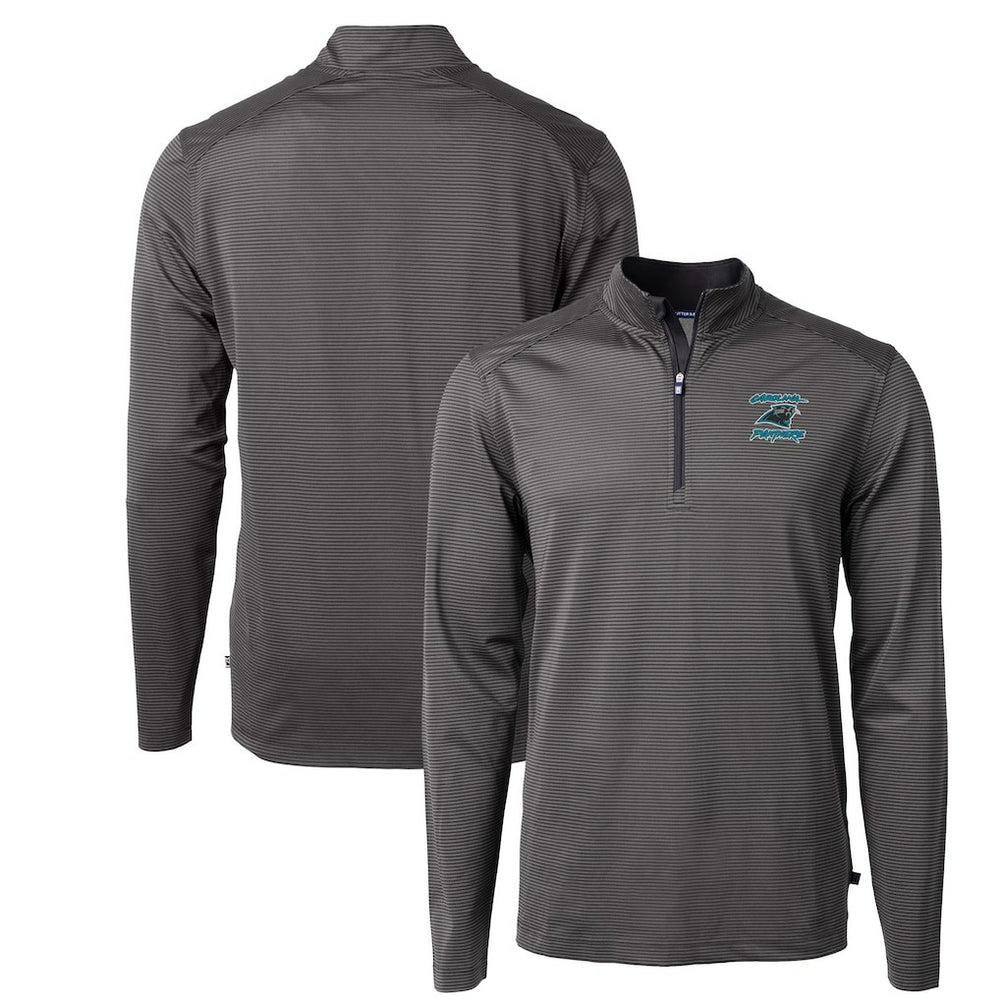 Carolina Panthers Cutter & Buck Virtue Eco Pique Micro Stripe Recycled Quarter-Zip Jacket Black