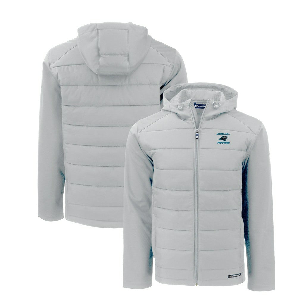 Carolina Panthers Cutter & Buck Evoke Hybrid Eco Softshell Recycled Full-Zip Hoodie Jacket Light Gray