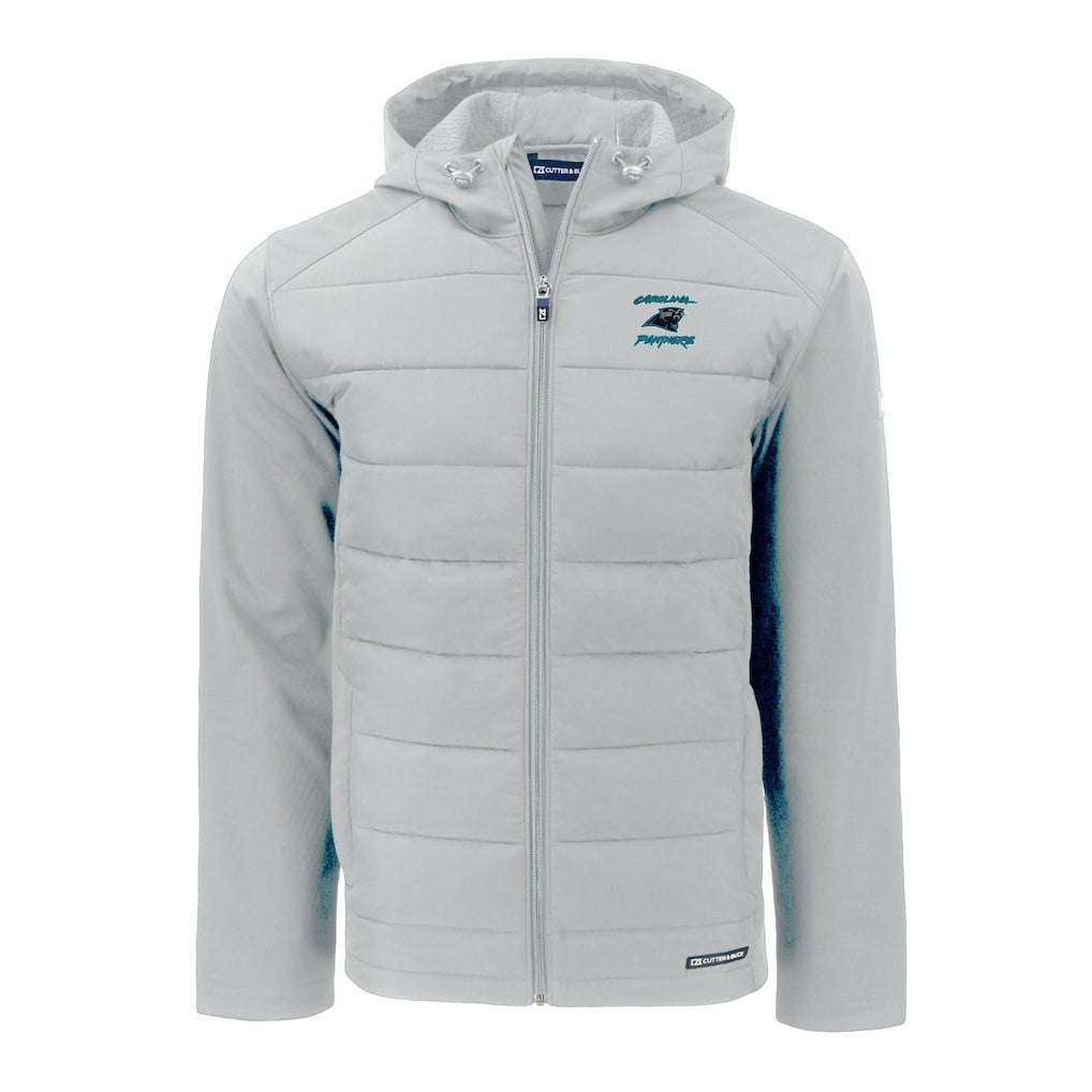 Carolina Panthers Cutter & Buck Evoke Hybrid Eco Softshell Recycled Full-Zip Hoodie Jacket Light Gray