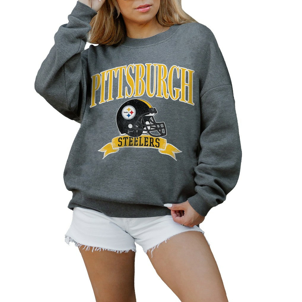 Pittsburgh Steelers Gameday Couture Women's Oversized Seal The Deal Premium Fleece Drop Shoulder Pullover Sweatshirt Charcoal