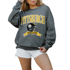 Pittsburgh Steelers Gameday Couture Women's Oversized Seal The Deal Premium Fleece Drop Shoulder Pullover Sweatshirt Charcoal